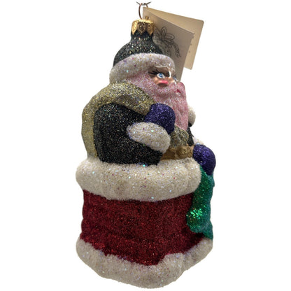 Larry Fraga Glitter Series Santa Claus in Chimney Glass Christmas Tree Ornament