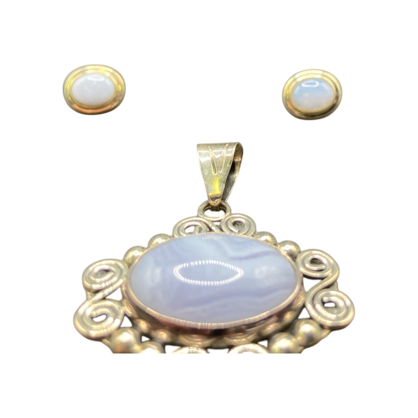 Blue Lace Agate Pendant Stud Earrings Set Marbled Stone 925 Sterling Silver CII