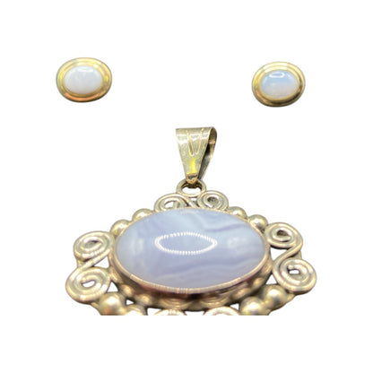Blue Lace Agate Pendant Stud Earrings Set Marbled Stone 925 Sterling Silver CII
