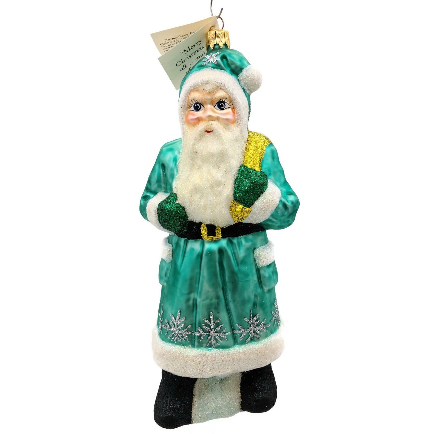 Larry Fraga Santa Claus Silver Turquoise Glittered Snowflakes Christmas Ornament