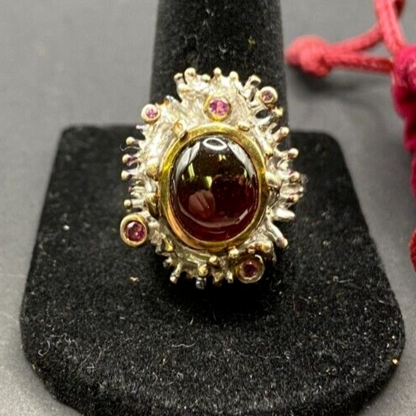 Red Ruby Stone Cocktail Ring Gold Layered 925 Sterling Silver With Pouch Sz 7.5