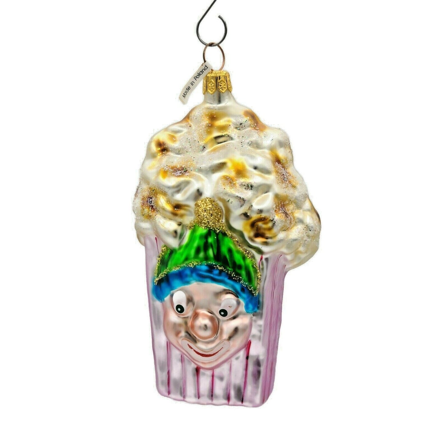 Larry Fraga Popcorn Box Blown Glass Circus Clown Movie Glitter Striped Ornament