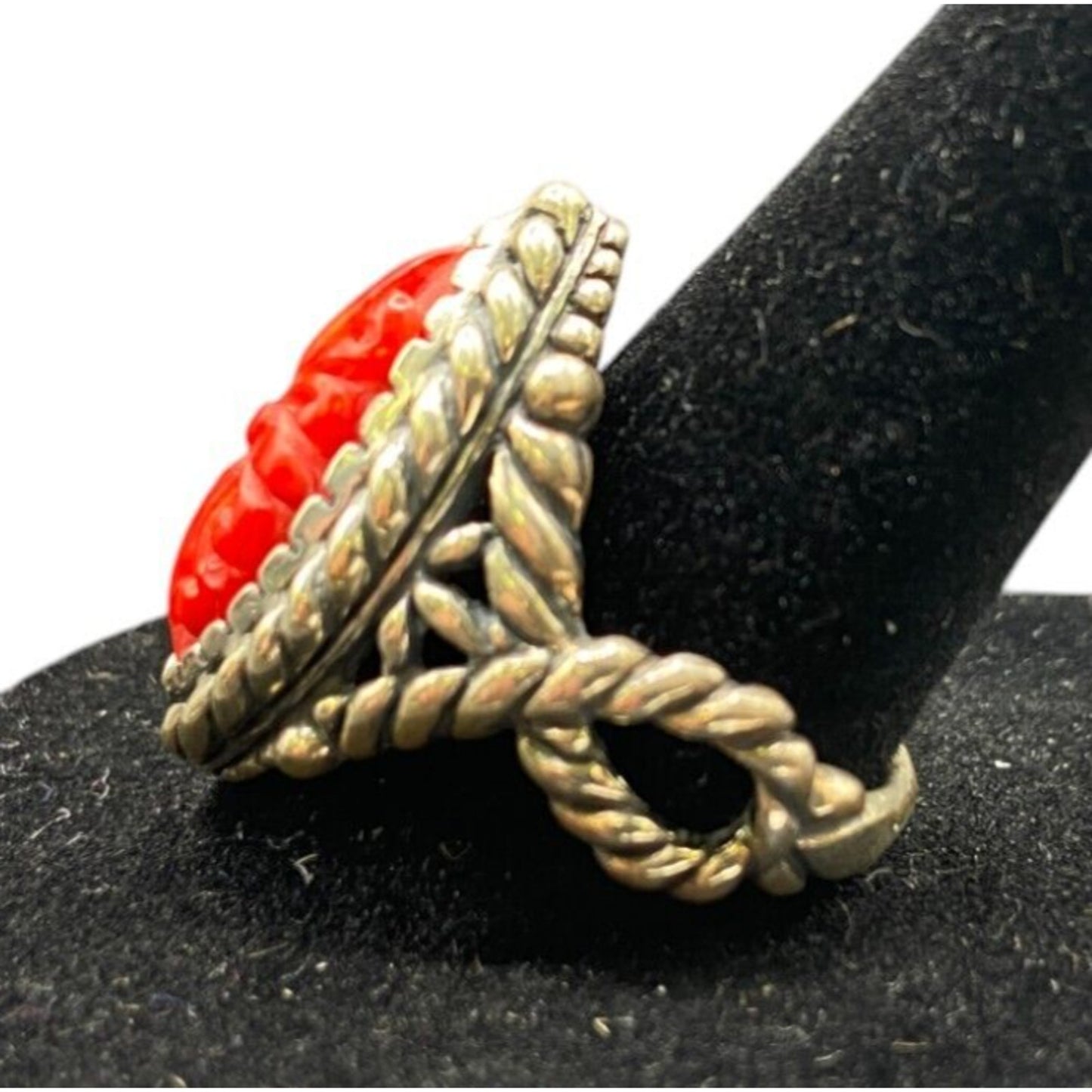 Carolyn Pollack Ring 925 Sterling Silver Red Coral Southwestern Carved Size 9