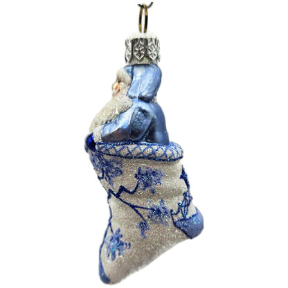 Patricia Breen Tiny Stocking Santa Blue Willow Spring Christmas Tree Ornament NM
