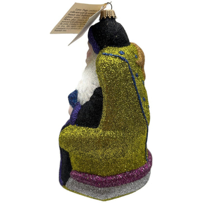 Larry Fraga Settling In Black Santa Claus Brown Bear Glitter Christmas Ornament