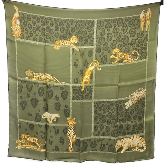 Cartier Paris Silk Scarf Green Panther Leopard Cat Print Box Certificate Rare
