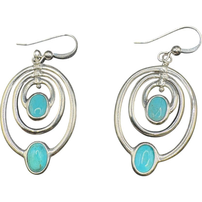 Sleeping Beauty Turquoise Gemstone Hoop Earrings Concentric Oval Silver Metal
