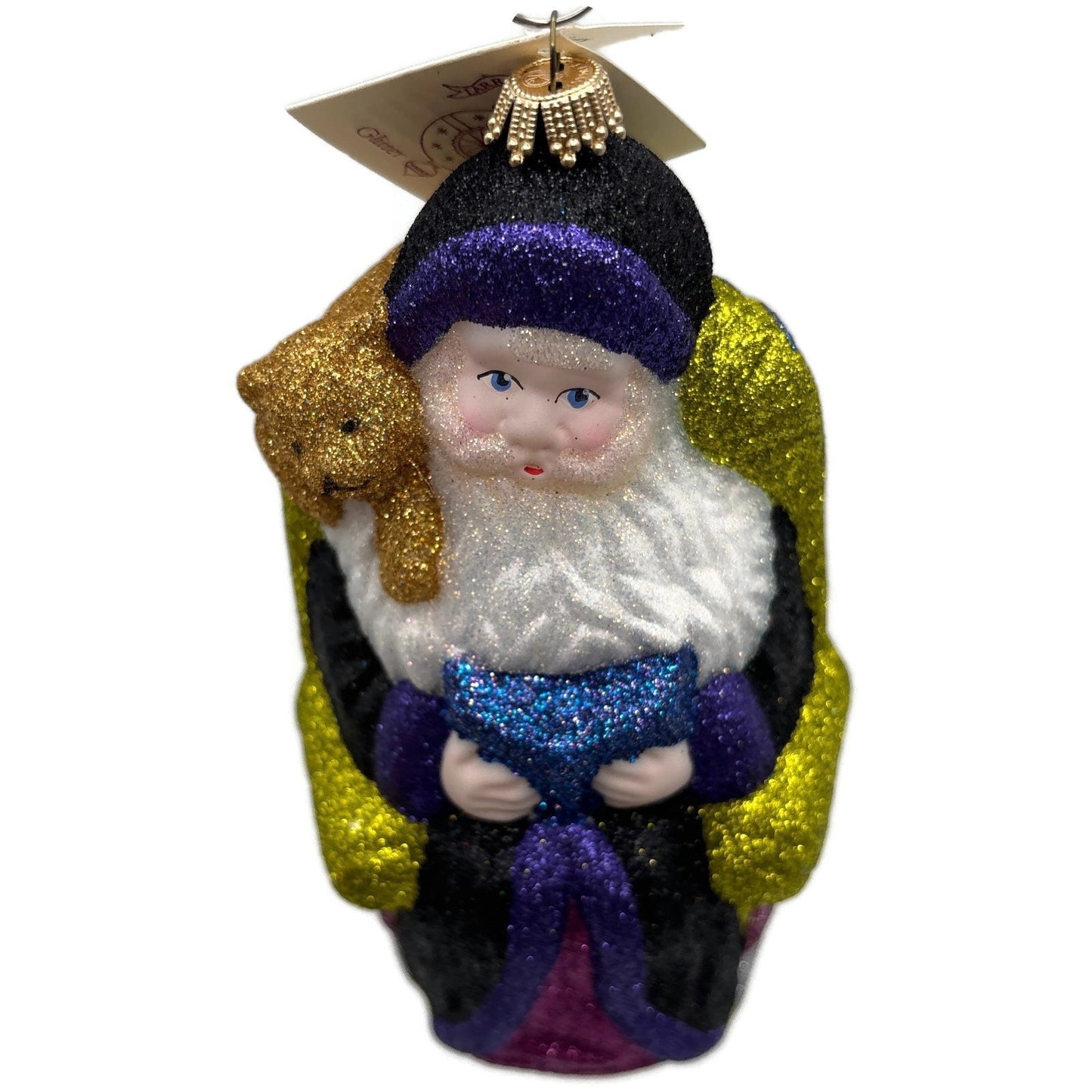 Larry Fraga Settling In Black Santa Claus Brown Bear Glitter Christmas Ornament