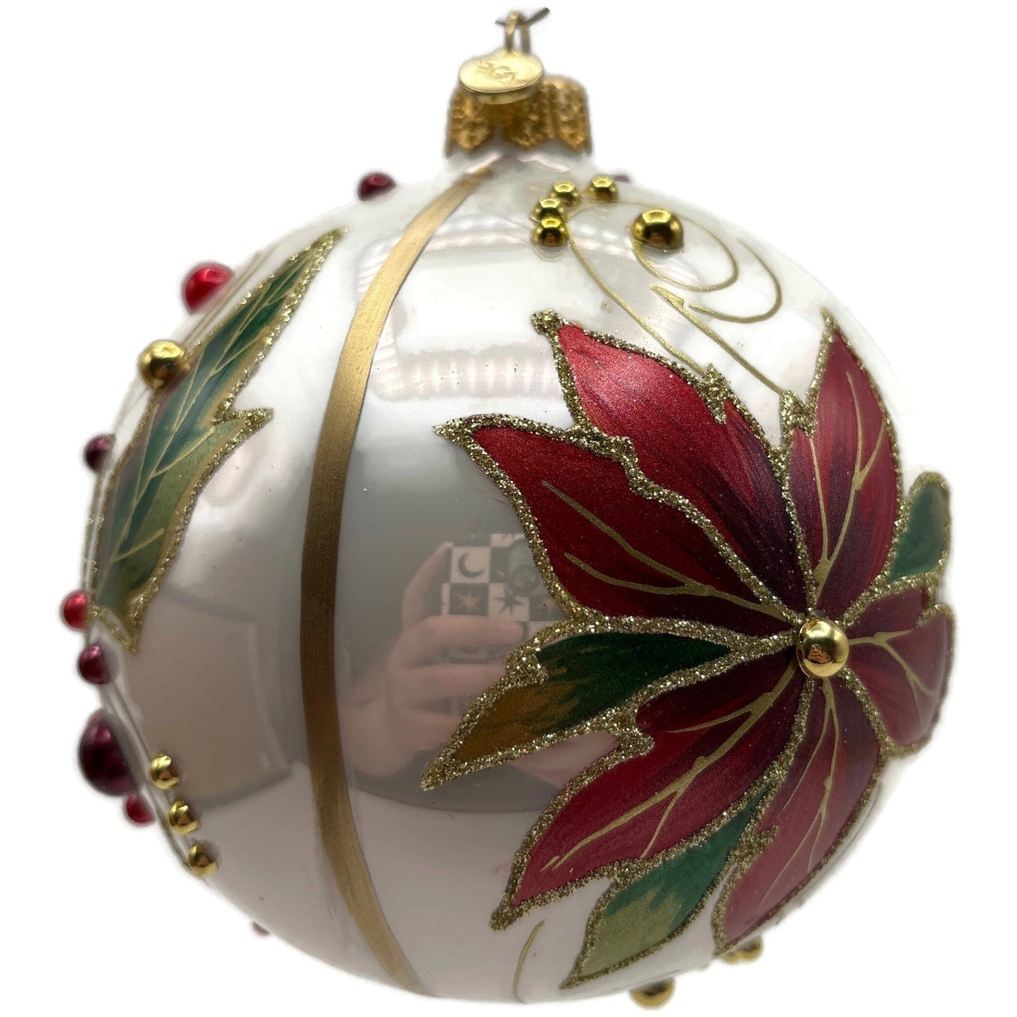 Glitter Lab Christmas Patterns Poinsettia Leaves White Orb Ball Holiday Ornament