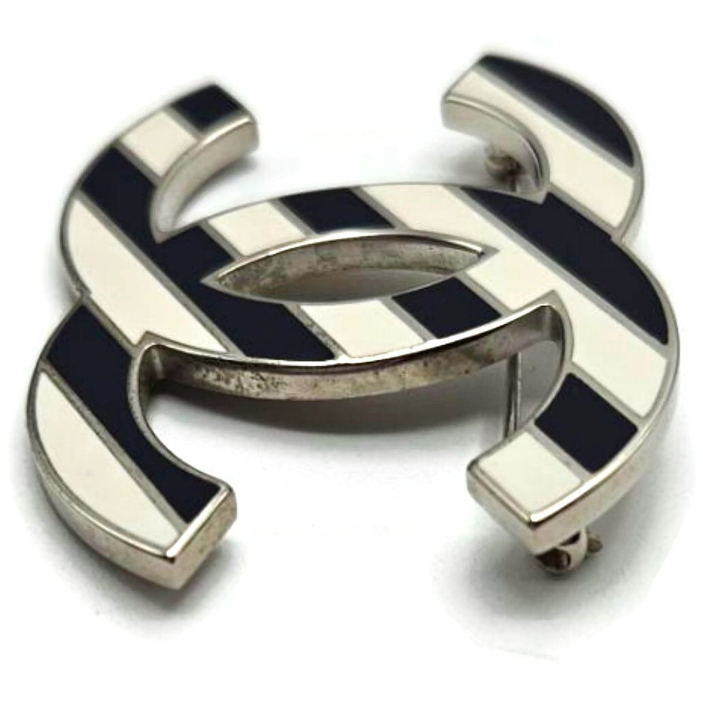Co Co Chanel Brooch Pin Striped Enamel White Navy Blue with Velvet Pouch Box Tag