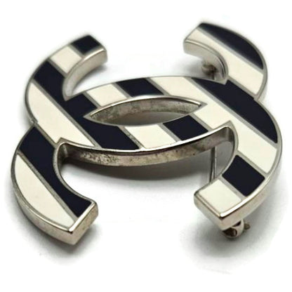 Co Co Chanel Brooch Pin Striped Enamel White Navy Blue with Velvet Pouch Box Tag