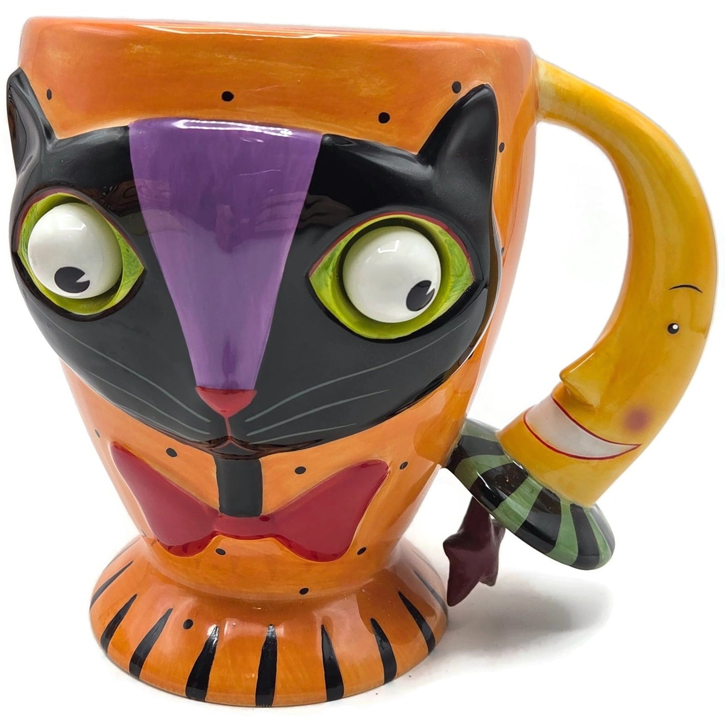 Department 56 Halloween Google Eye Black Cat Orange Mug Coffee Cup Moon Handle