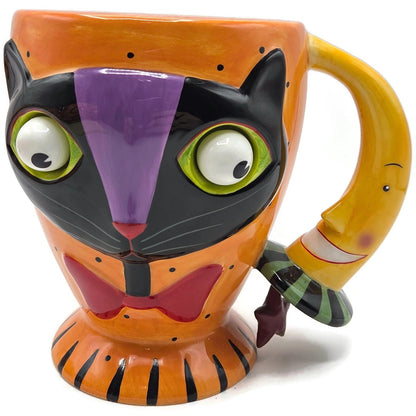 Department 56 Halloween Google Eye Black Cat Orange Mug Coffee Cup Moon Handle
