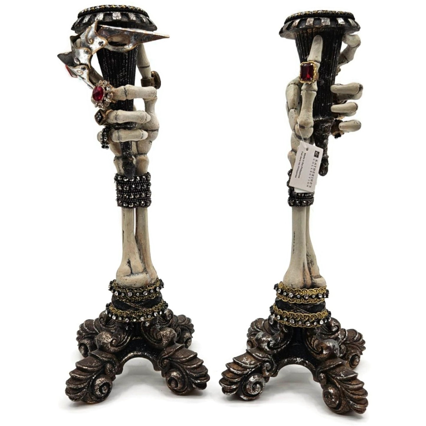Katherine’s Collection Skeleton Hand Taper Candle Holders Pair Jeweled Rings 13"
