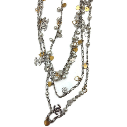 CoCo Chanel Three Strand Chain Hearts Clover Faux Pearl CC Logo Charm Necklace