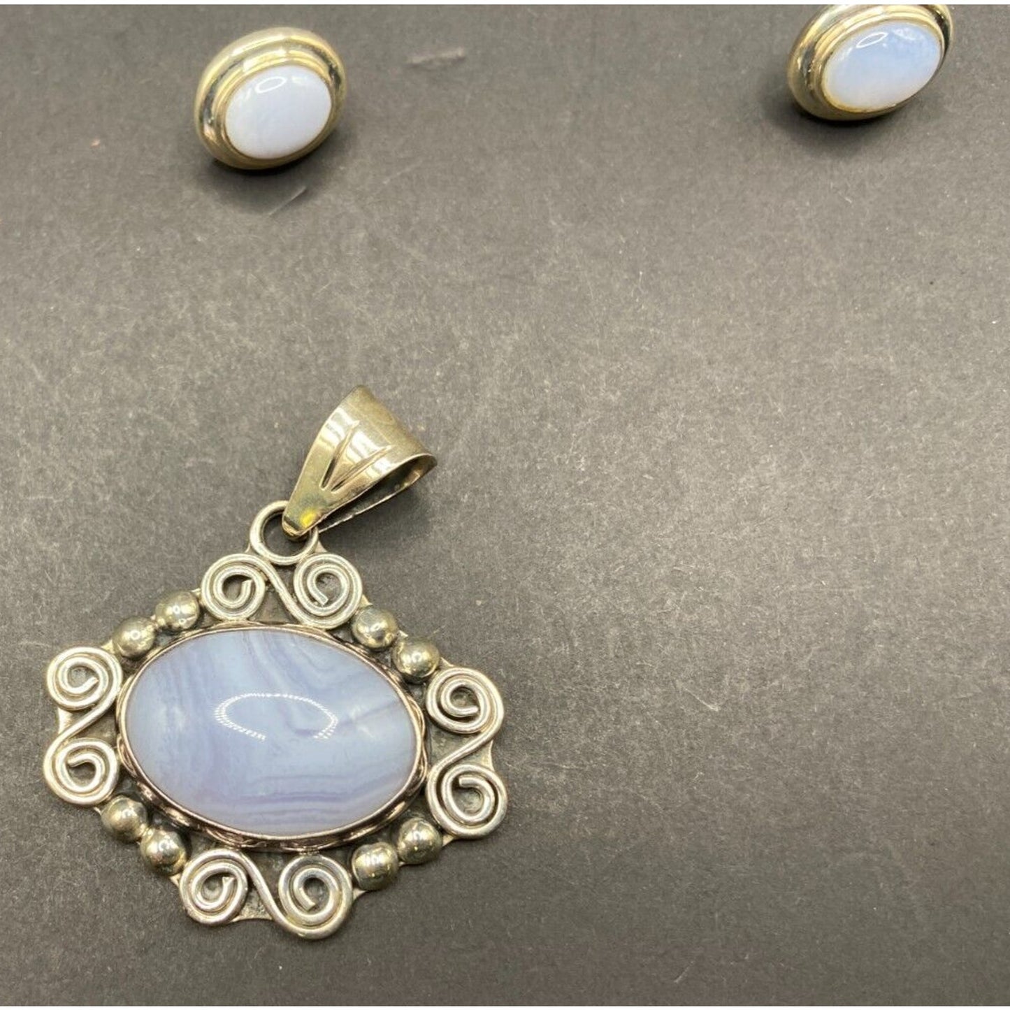 Blue Lace Agate Pendant Stud Earrings Set Marbled Stone 925 Sterling Silver CII