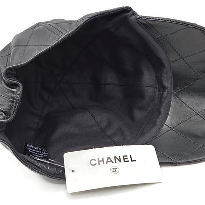 Chanel CC Logo Quilted Lambskin Leather Baseball Cap Hat Black Medium 15B Rare