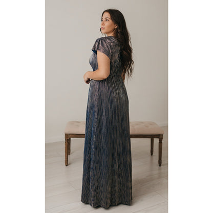 Ladies Small Holiday Maxi Dress Navy Blue Gold Shimmer V-Neck 62 inch