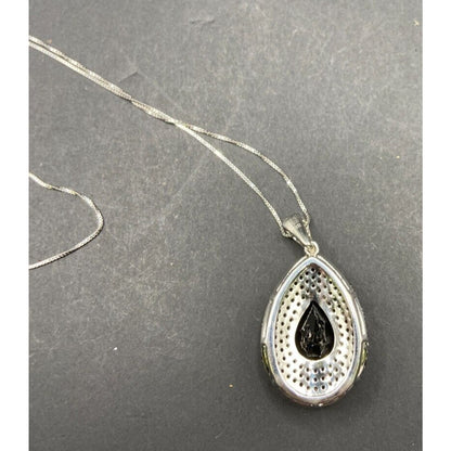 Black Onyx Teadrop Pendant Marcasite 925 Sterling Silver Box Chain Necklace GIE