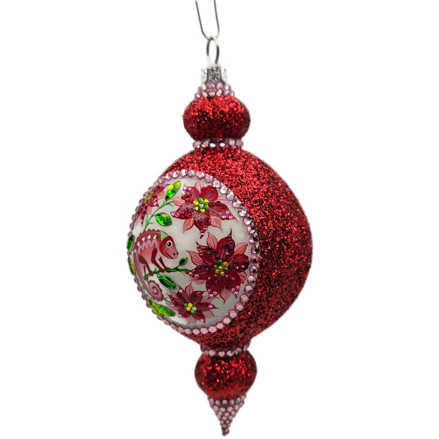 Patricia Breen Le Fleuron Poinsettia Chameleon Red Glittered Christmas Ornament