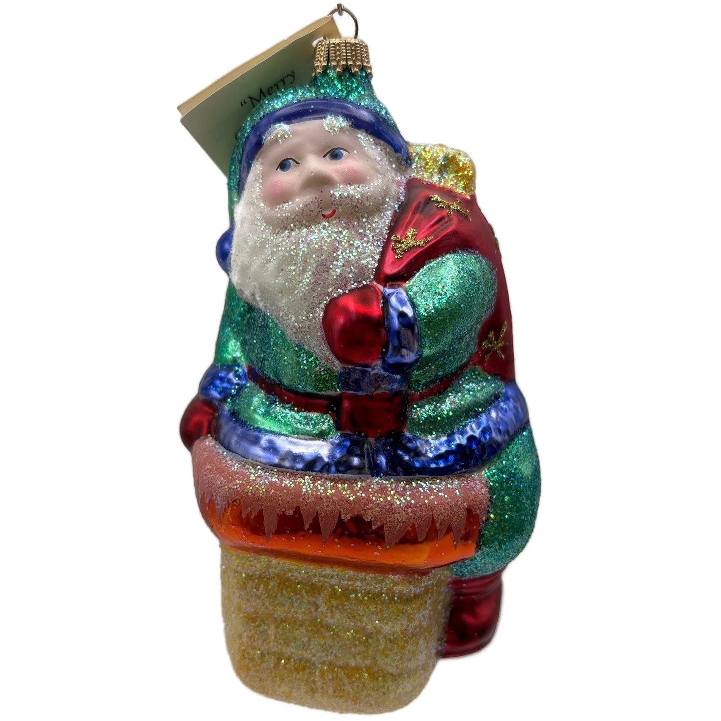 Larry Fraga Dropping In Green Santa Claus Chimney Christmas Tree Ornament