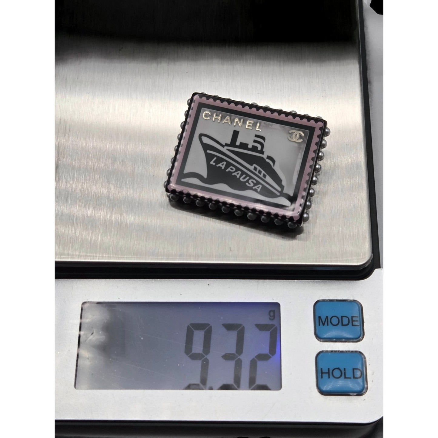Chanel 19C La Pausa Yacht Stamp Brooch Pin CC Logo Cruise Ship Pea AB0921 Y47494