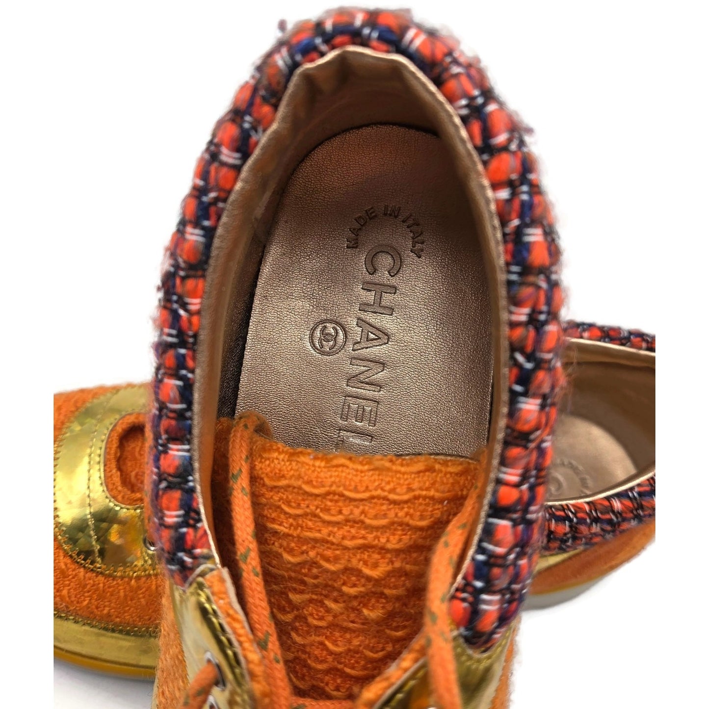 Chanel 14K Supermarket Orange Tweed PVC Suede Gold Sneakers Women EU Size 40.5