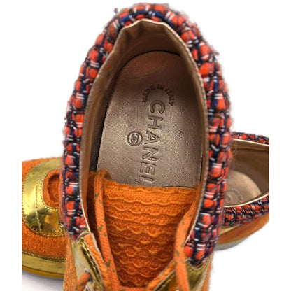 Chanel 14K Supermarket Orange Tweed PVC Suede Gold Sneakers Women EU Size 40.5