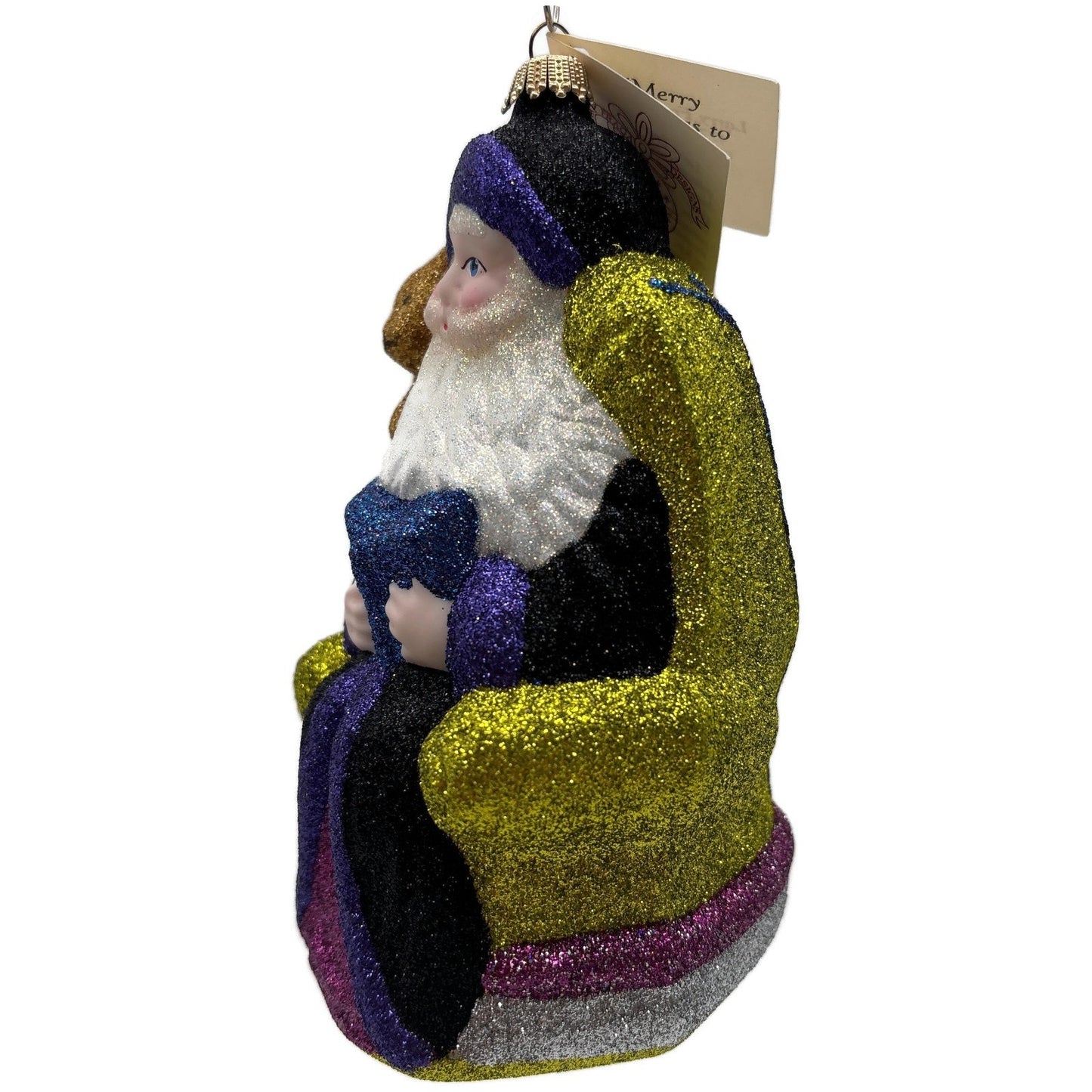 Larry Fraga Settling In Black Santa Claus Brown Bear Glitter Christmas Ornament