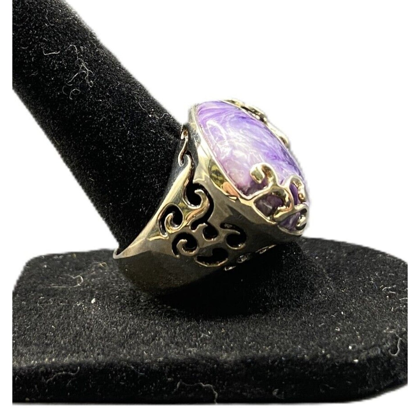 925 Sterling Silver Ring Oval Marbled Purple Russian Charoite Crystal Size 7