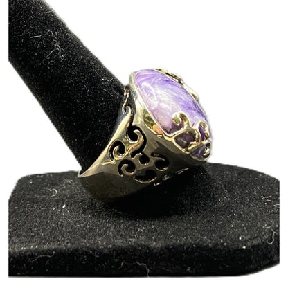 925 Sterling Silver Ring Oval Marbled Purple Russian Charoite Crystal Size 7
