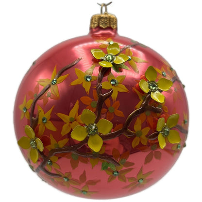 Glitter Lab Floral Symphony Raspberry Ball With Forsythia 80MM Christmas Decor