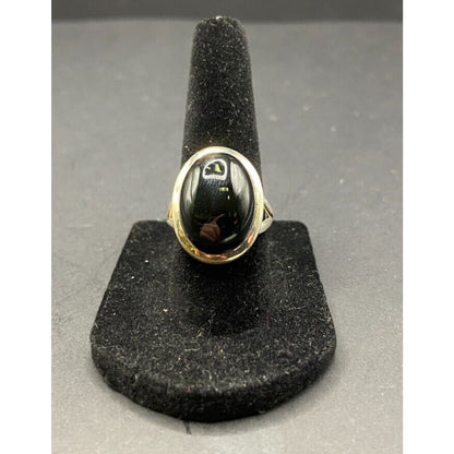 Black Onyx Cocktail Ring Oval Cabochon Gemstone Silver Tone Metal Size 7