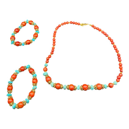 3 Pc Set Sponge Coral Turquoise Beaded Necklace Bracelets Gold Tone Metal