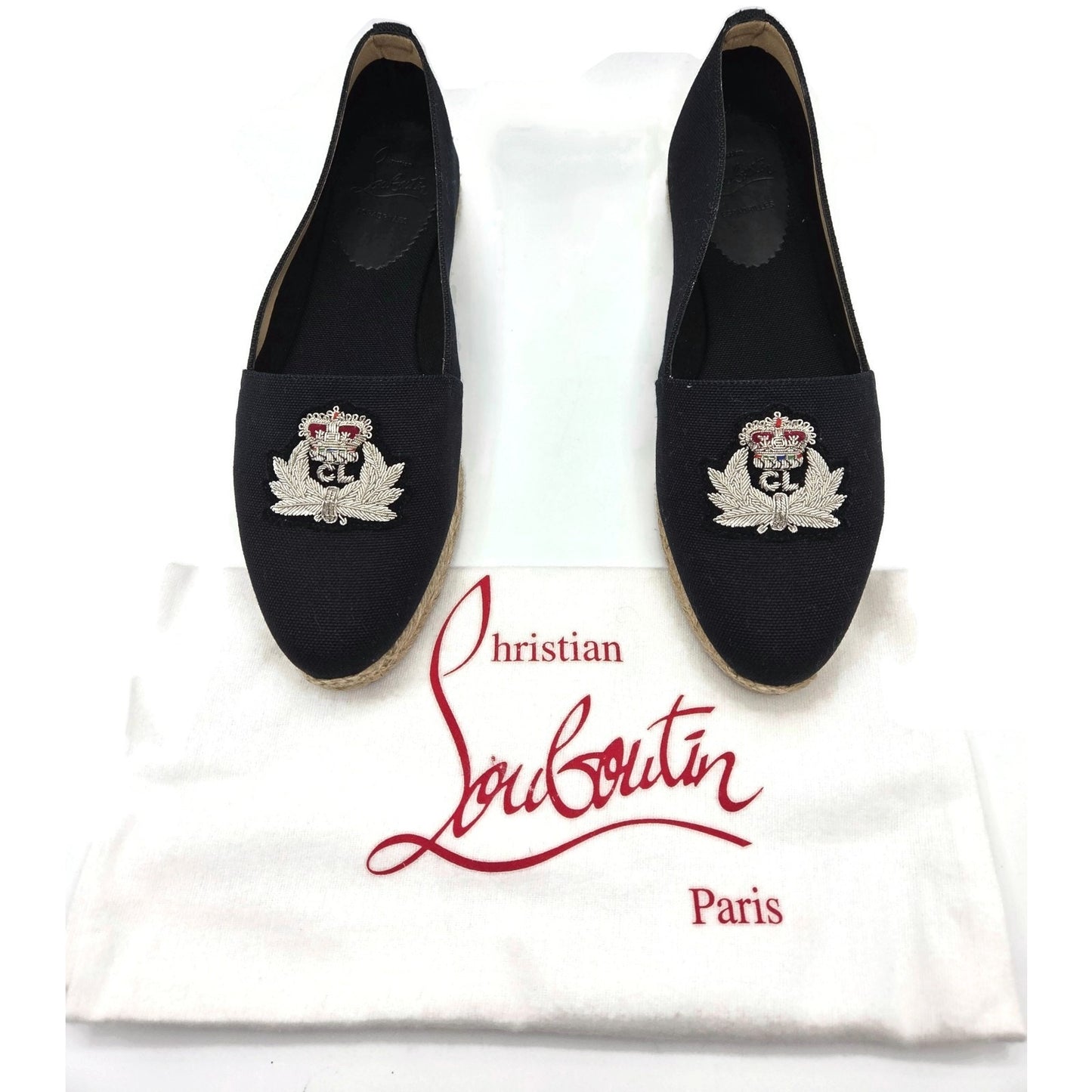 Christian Louboutin Galia Flat Olona Espadrilles Black Fabric Rope Jute Size 39