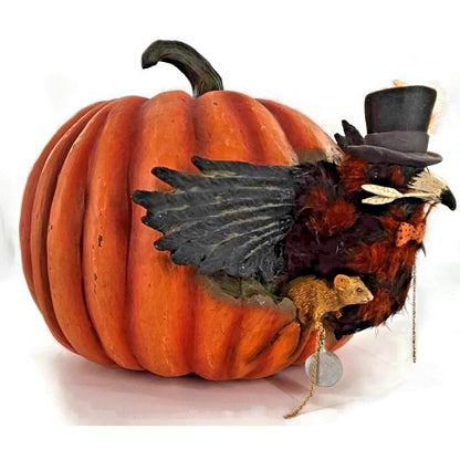 Bethany Lowe Cawing Pumpkin Halloween Raven Crow Top Hat Mouse Paper Mache Decor