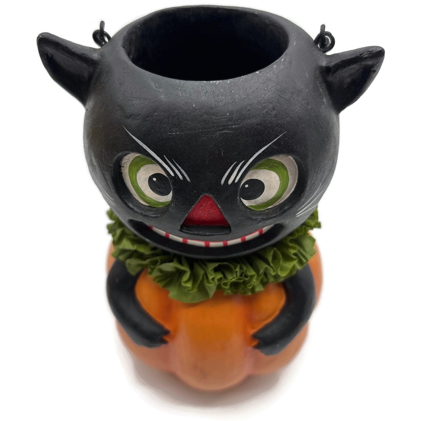 Bethany Lowe Halloween Vintage Style Black Cat in Pumpkin Bucket Paper Pulp New