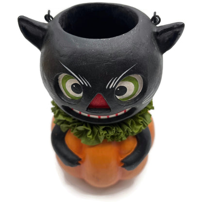Bethany Lowe Halloween Vintage Style Black Cat in Pumpkin Bucket Paper Pulp New