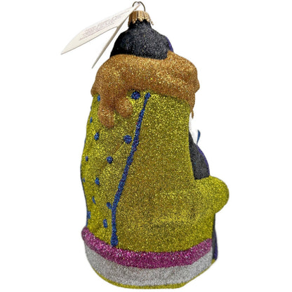 Larry Fraga Settling In Black Santa Claus Brown Bear Glitter Christmas Ornament