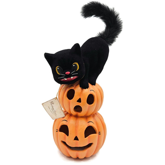 Bethany Lowe Vintage Style Pumpkin Stack Black Cat Halloween Decor Paper Mache