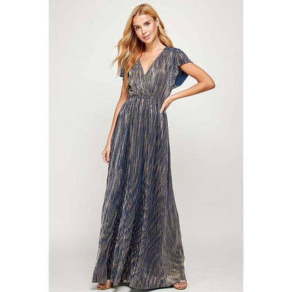 Ladies Large Holiday Maxi Dress Navy Blue Gold Shimmer V-Neck 62 inch