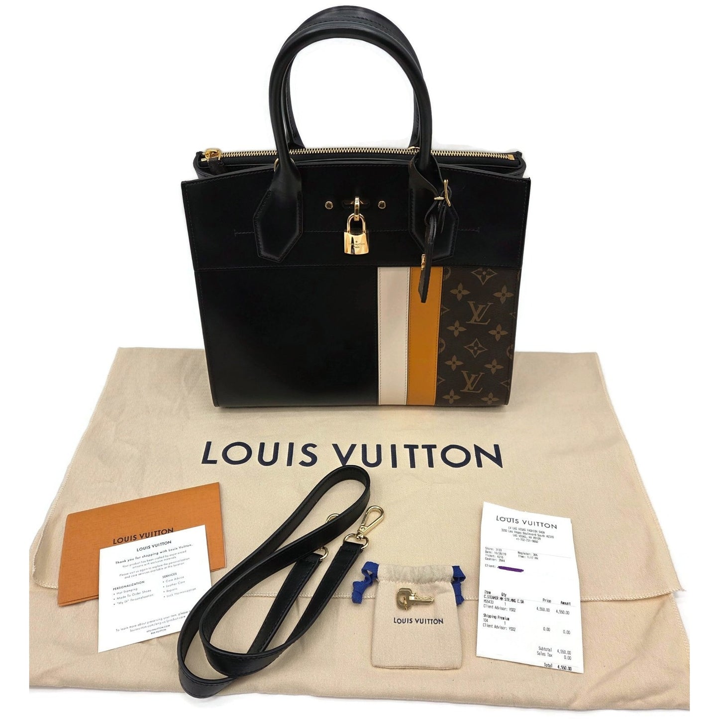 Louis Vuitton City Steamer MM Handbag M55433 Black Calfskin Monogram Stripe Bag
