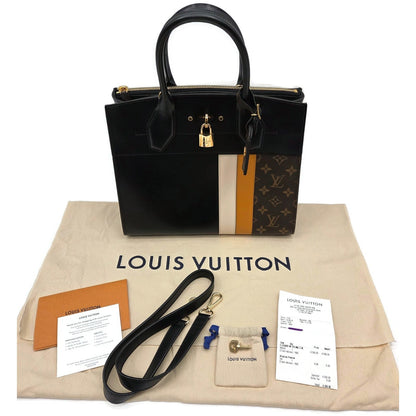 Louis Vuitton City Steamer MM Handbag M55433 Black Calfskin Monogram Stripe Bag