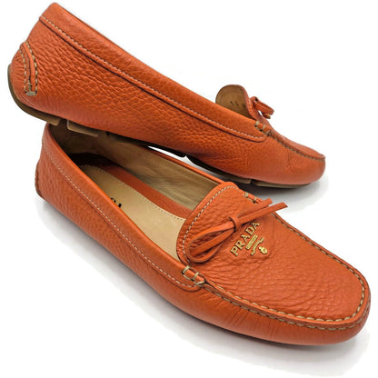 Prada Orange Papaya Pebbled Leather Loafers Slip On Driving Flats Womens Size 39