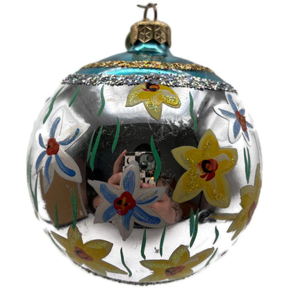Christopher Radko Floral Glass Ornament Silver Blue Yellow Hand Painted Glitter
