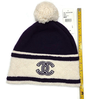 Chanel CC Logo Cashmere Beanie Hat Purple White Pom Pom Great Britain Rare