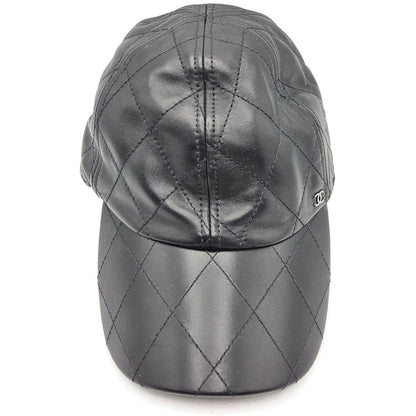 Chanel CC Logo Quilted Lambskin Leather Baseball Cap Hat Black Medium 15B Rare