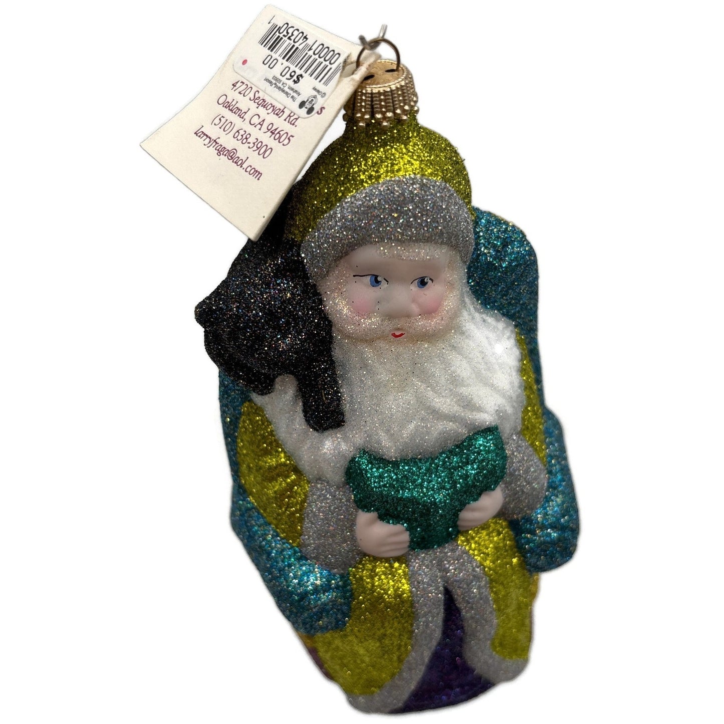 Larry Fraga Settling In Yellow Santa Claus Black Bear Glitter Christmas Ornament