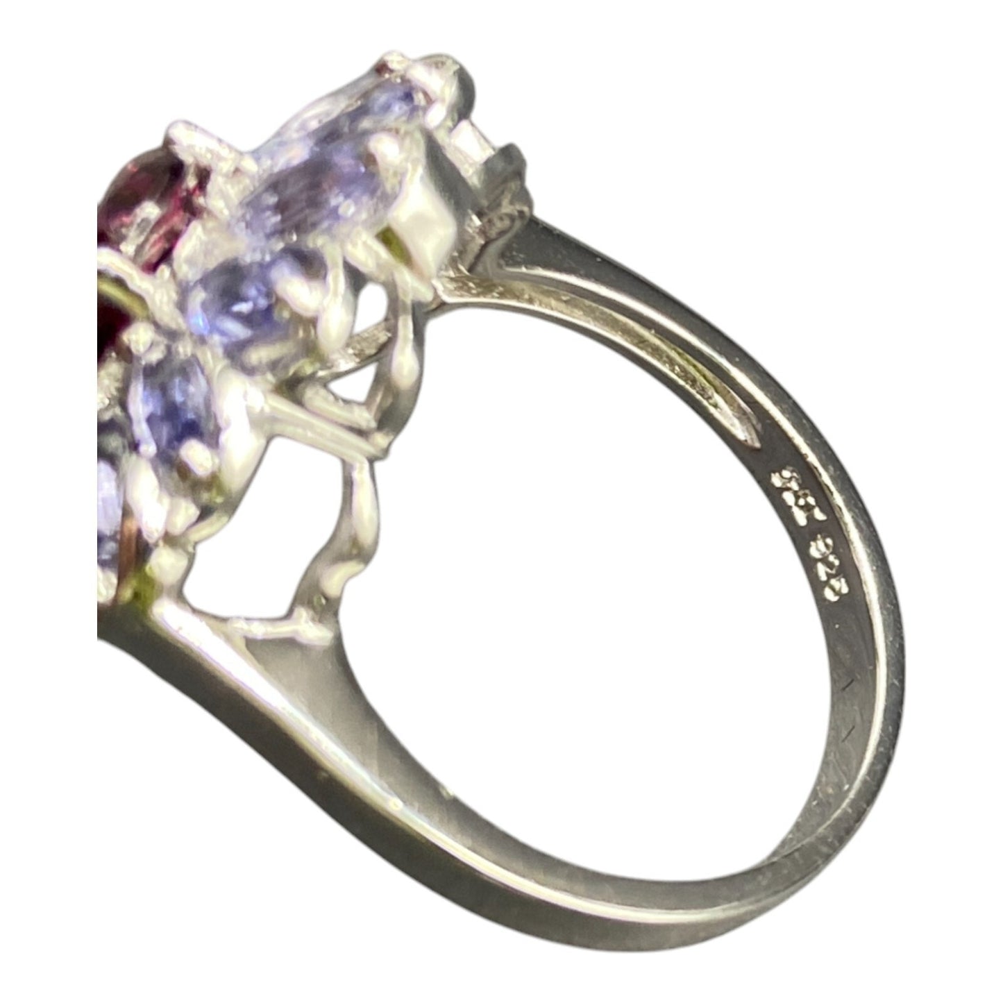 925 Sterling Silver Prong Set Blue Purple Gemstone Flower Cocktail Ring Size 8