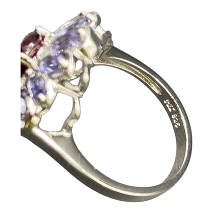 925 Sterling Silver Prong Set Blue Purple Gemstone Flower Cocktail Ring Size 8